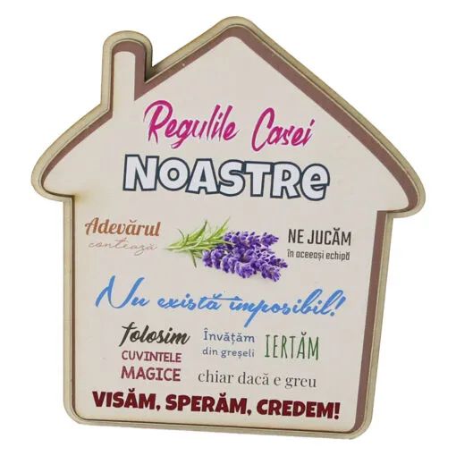 Magnet frigider din lemn regulile casei noastre 10.5x11cm