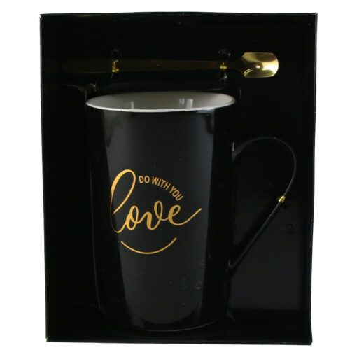 Cana ceramica cu lingurita metalica love negru/auriu