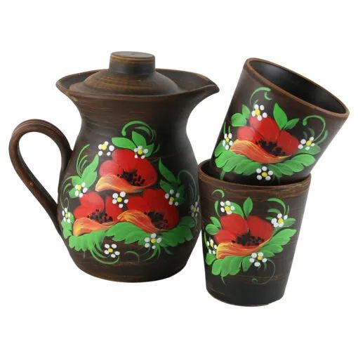Ulcior din ceramica cu capac cu 2 pahare angob ukl84