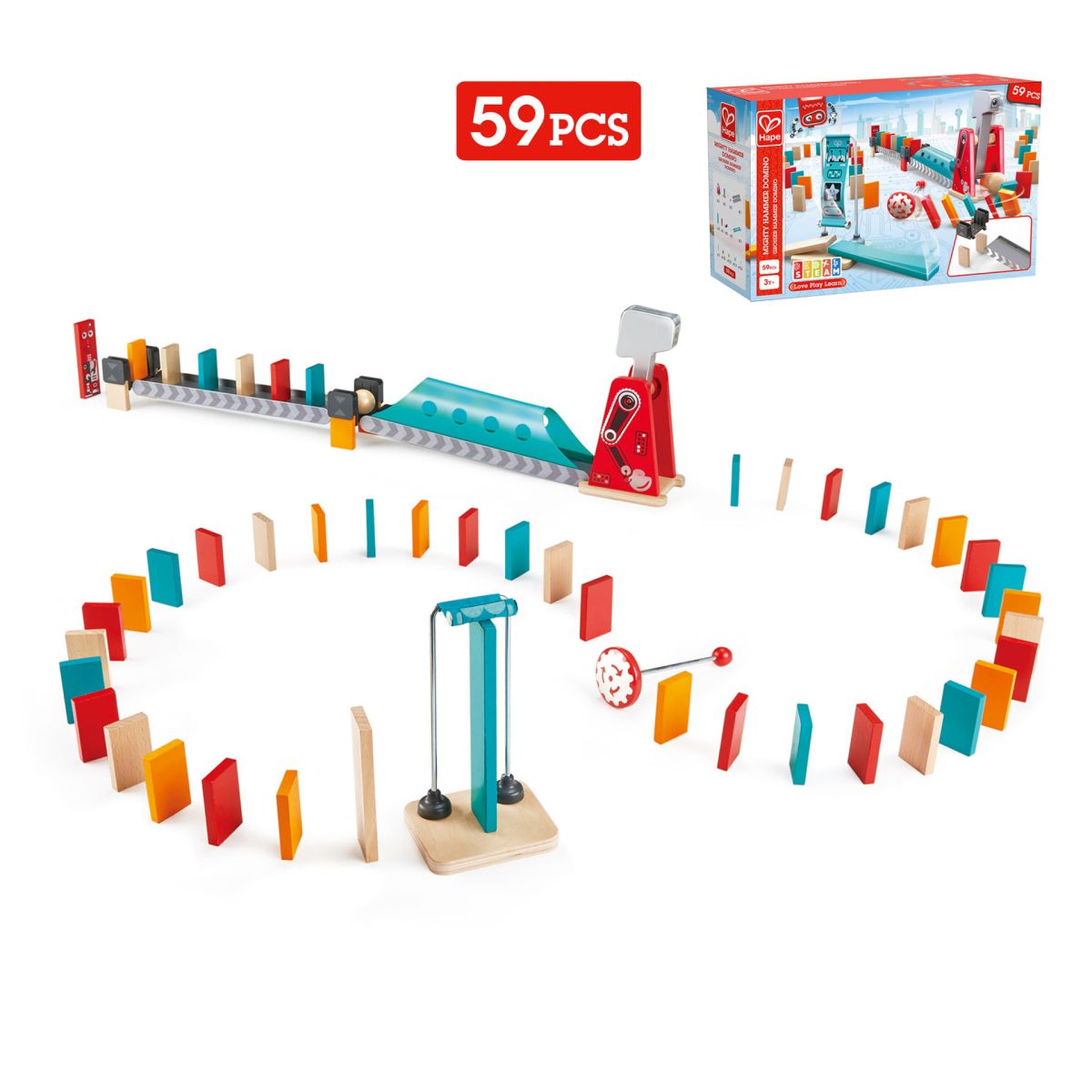 Jucarie din lemn - domino cu ciocan puternic 59 piese e1056a