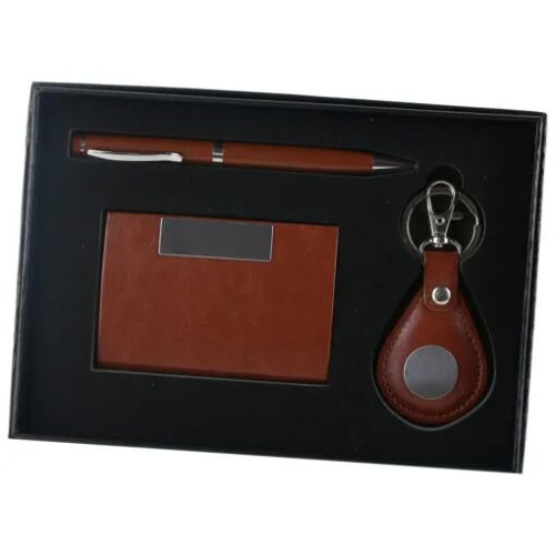 Set cadou barbati portvizit cu pix si breloc maro 8122