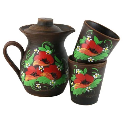 Ulcior din ceramica cu capac cu 2 pahare angob ukl84