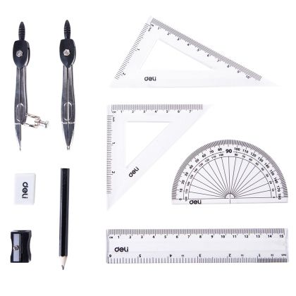 Trusa de Geometrie cu 9 Piese în Cutie Metalică Deli Dleg30695