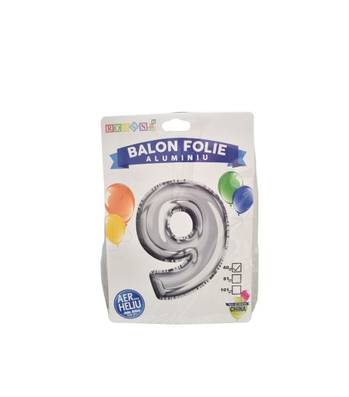 Balon folie aluminiu argintiu cifra 9 40cm