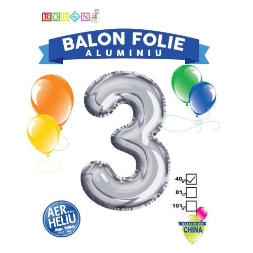 Balon folie aluminiu argintiu cifra 3 40cm