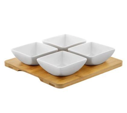 Set boluri aperitive 5 piese square natural, ambition, 25x25 cm, portelan/bambus, alb